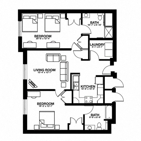 Floor plan for 2 beds, 2 baths, 1312 sqft